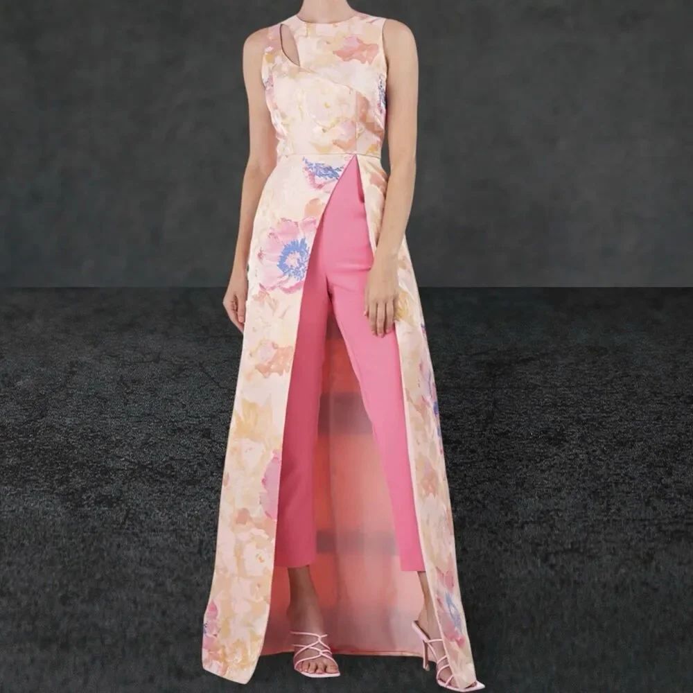 Kay Unger Sz 12 Nova Floral Walk Thru Jumpsuit Maxi Dress Pants Bodice NWT $400